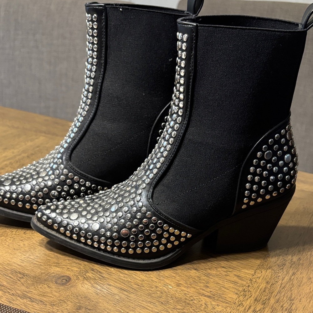 Black Studded Western Ankle Boots - Women's
